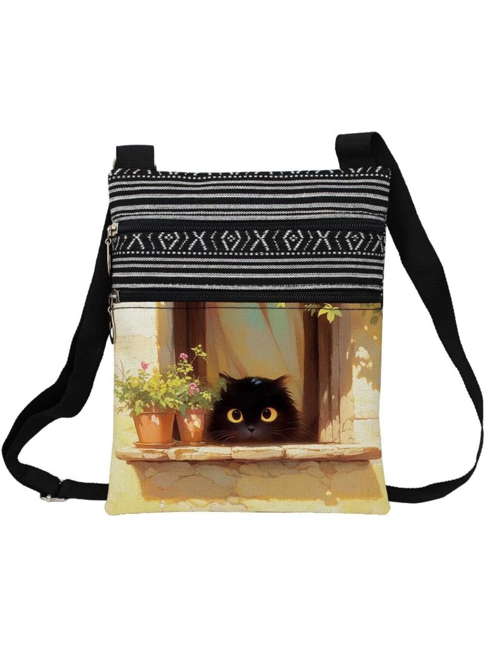 Women Window Sill Cat Cute Kitten Purse Lover Gift Zipper Crossbody Bag